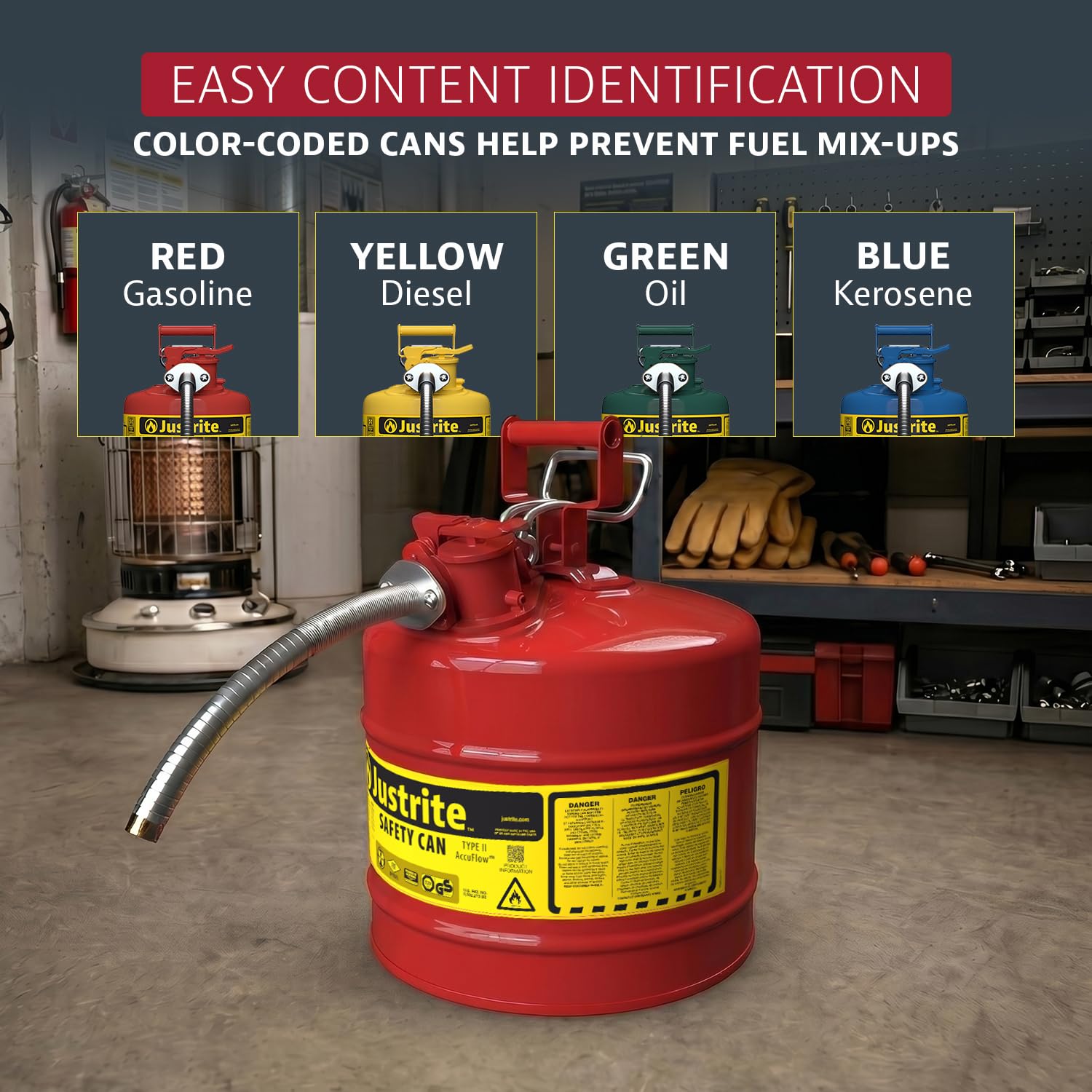 Justrite Type II Gasoline Safety Can, Red Galvanized Steel, FM Approved — Amazon image 6