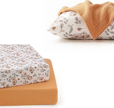 TILLYOU Muslin Crib Sheets 2 Pack Yellow Flower, and Muslin Toddler Pillowcase 2 Pack Yellow Flower