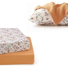 TILLYOU Muslin Crib Sheets 2 Pack Yellow Flower, and Muslin Toddler Pillowcase 2 Pack Yellow Flower