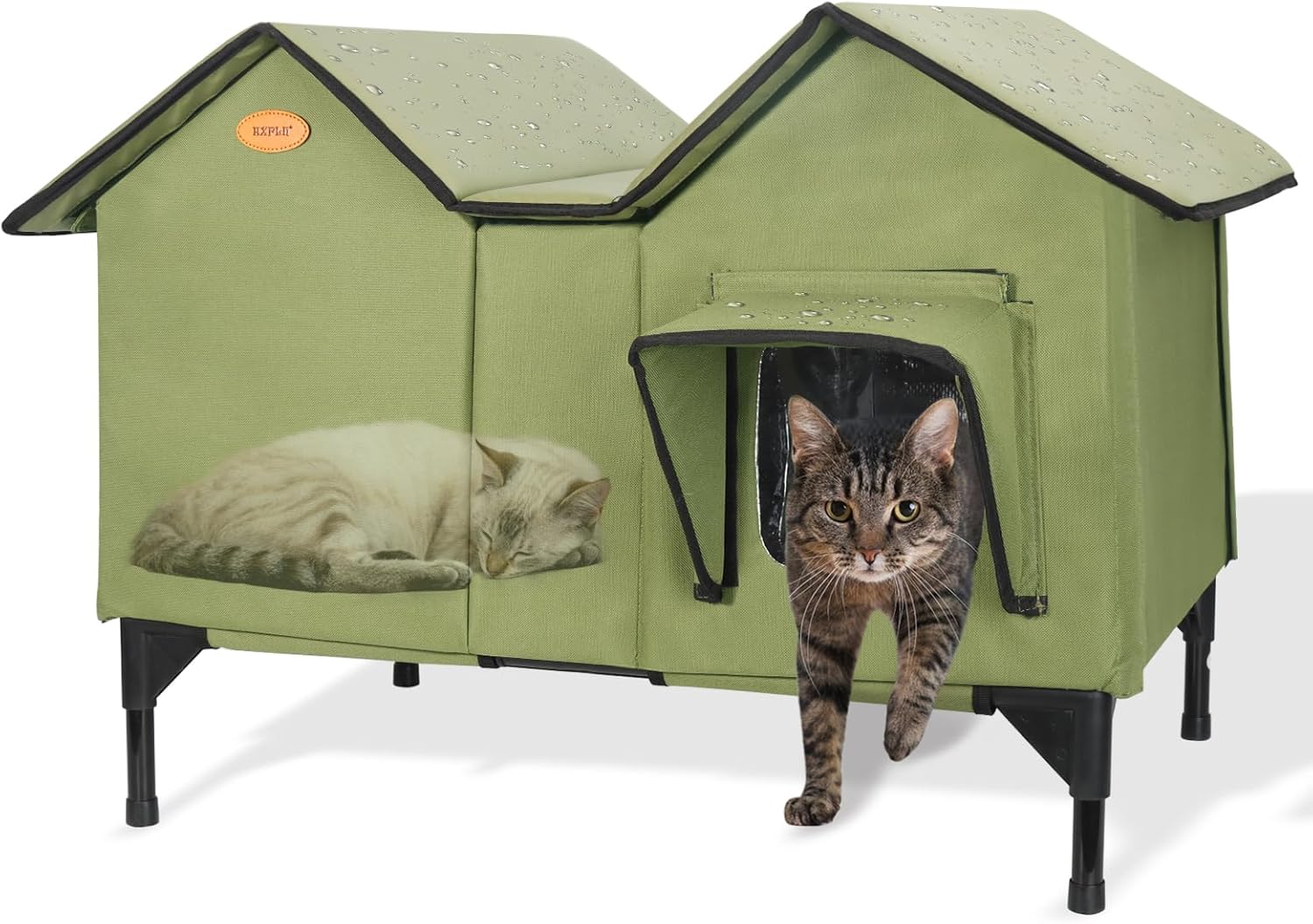 Extra-Large Outdoor Cat House Weatherproof, Elevated Feral Cat House Outdoor with a 5.9" Elevated Base, Waterproof PVC Tarpaulin roof Cat Shelter for Multiple Cats, Easy to Assemble（Green）
