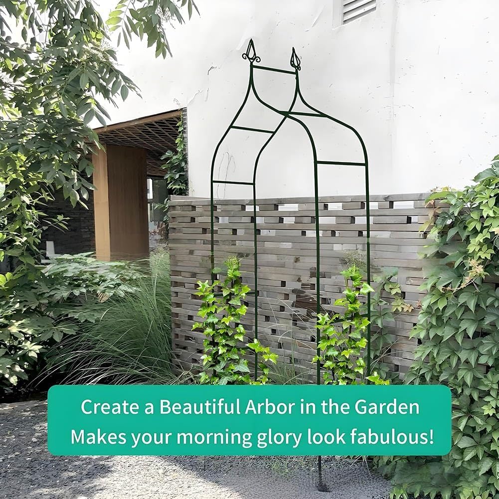 Elegant Double Spire Metal Garden Arch Trellis for Weddings, Outdoor Pergola for Climbing Plants, Ceremony Decoration, 55" W x 103" H, Black & Green, Perfect for Parties &