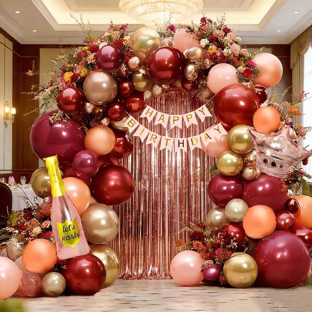 Burgundy Birthday Decorations, Double Stuffed Maroon Red Pink Gold Pearl Balloons Happy Birthday Banner Fringe Curtain Foil Balloons for Women Girls Birthday Mother's Day Bridal Shower Party Supplies
