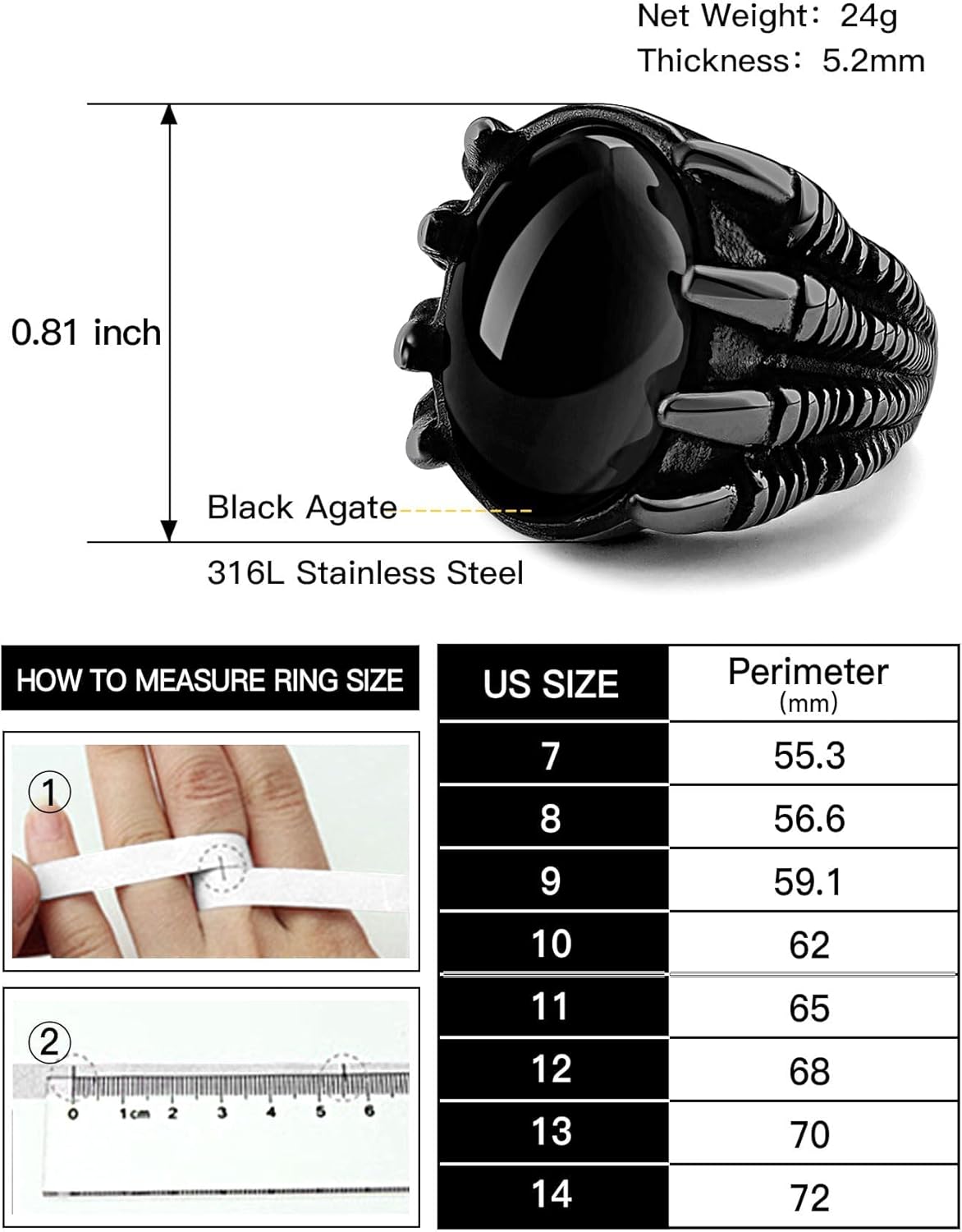 Men's Stainless Steel Dragon Claw Ring - Gothic Biker Style with Black/18K Gold Finish, Red/Black Gemstone, Crystal Stone Signet Ring Punk Jewelry, Size 7-14, Includes Gift Box - Image 6