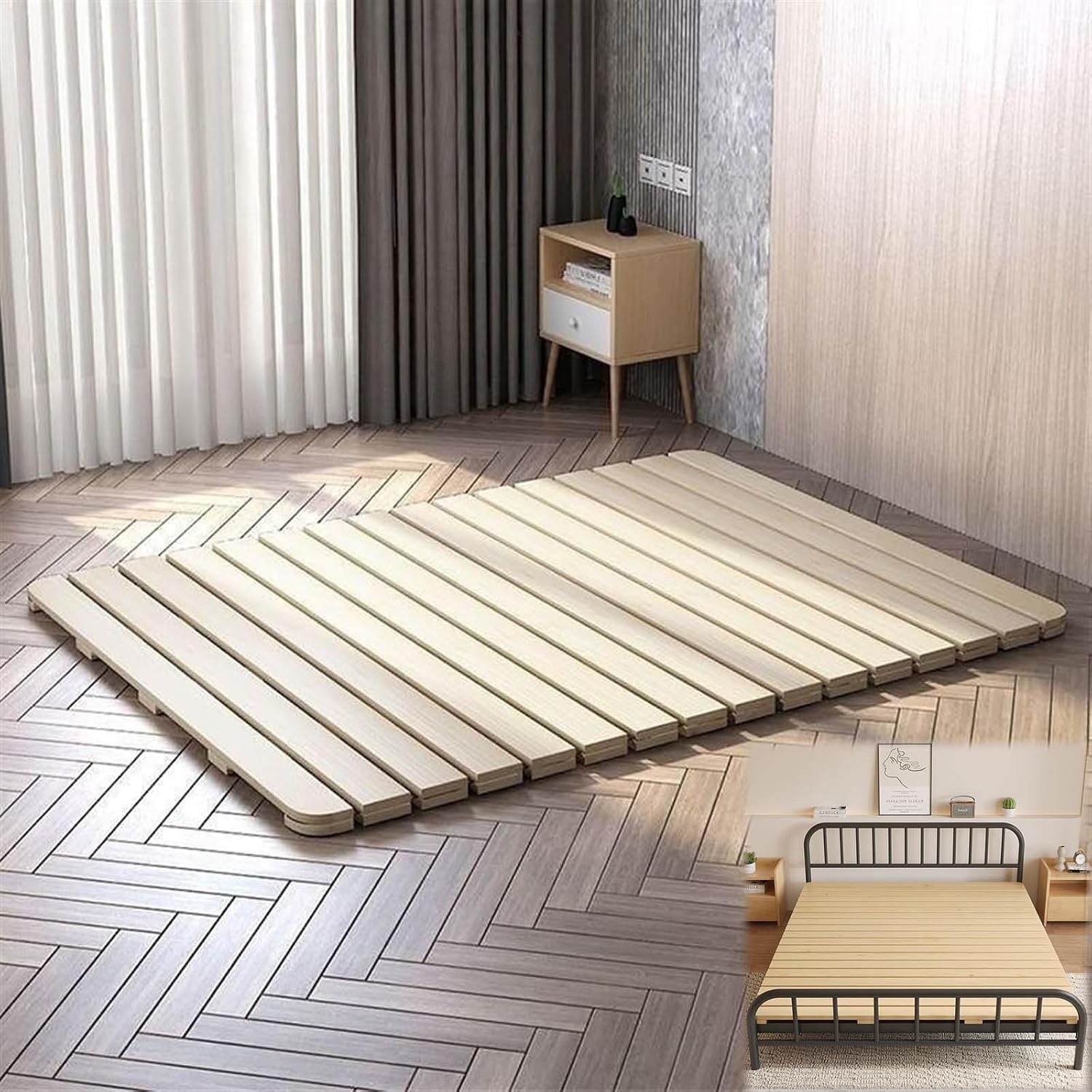 Breathable Bed Plate Solid Wood Futon Frame FoldingJapanese Style Bed Frame Bed Plate Board Twin Foldable Bedboard Floor Futon Mattress Heavy Duty Breathable Solid Wood Mattress Support Boa