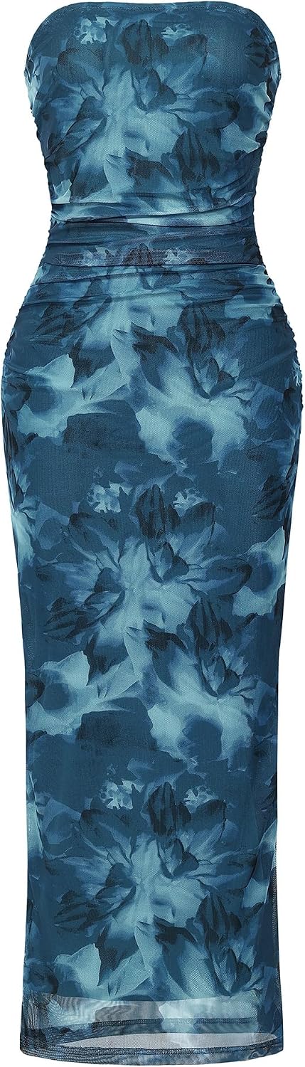 Womens Summer Bodycon Maxi Dresses 2026 Floral Strapless Tube Slit Ruched Mesh Cocktail Party Long Dress