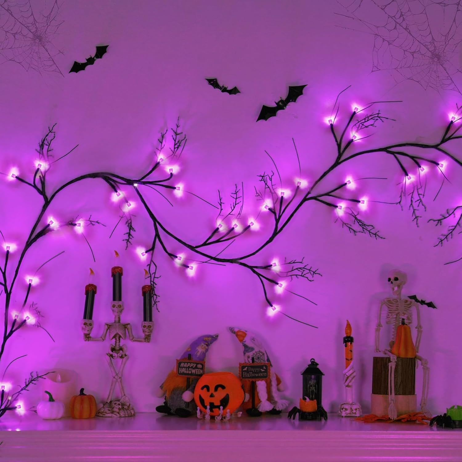 [8 Modes & Timer] 9 Ft Garland with 72 LED Purple Lights Battery Operated Indoor/Outdoor Halloween Decorations
