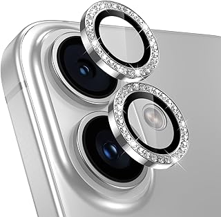 【3张一组】镜头盖 iPhone 16 /16 Plus用 相机保护膜 闪亮 苹果16/plus 相机保护 闪亮 铝合金 9H钢化玻璃 防刮黑边 防露出 超高透光率 iphone16/iphone16 plus用 相机套 保护装置 水钻 银色