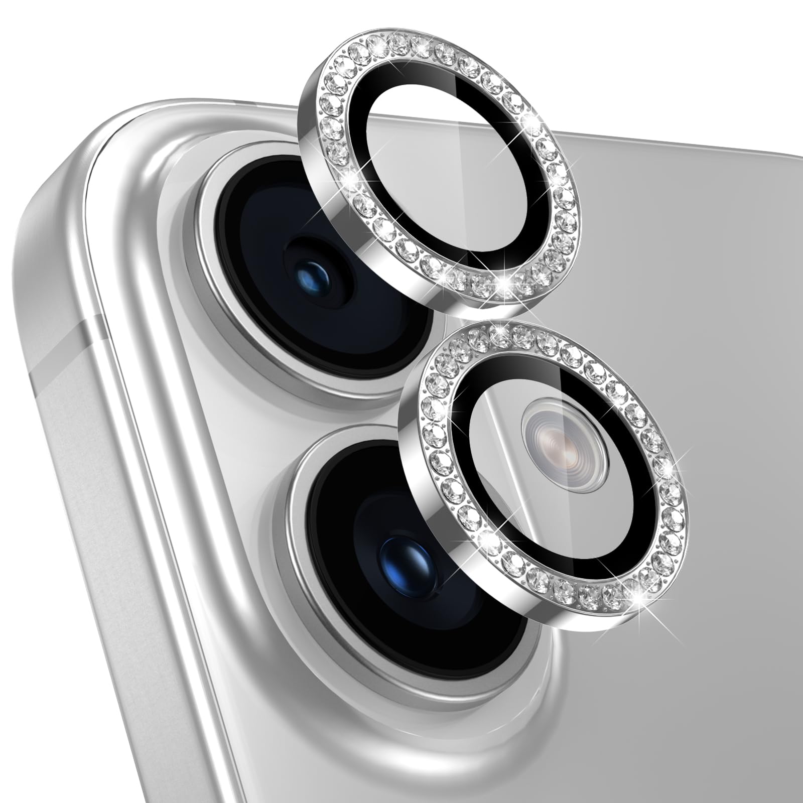 【3枚入り】レンズカバー iPhone 16 /16 Plus用 カメラフィルム キラキラ アイフォン16/プラス カメラ保護 ピカピカ アルミ合金 9H強化ガラス キズ防止 黒縁取り 露出オーバー防止 超高透過率 いphone16/いphone16 plus用 カメラカバー プロテクター ラインストーン シルバー