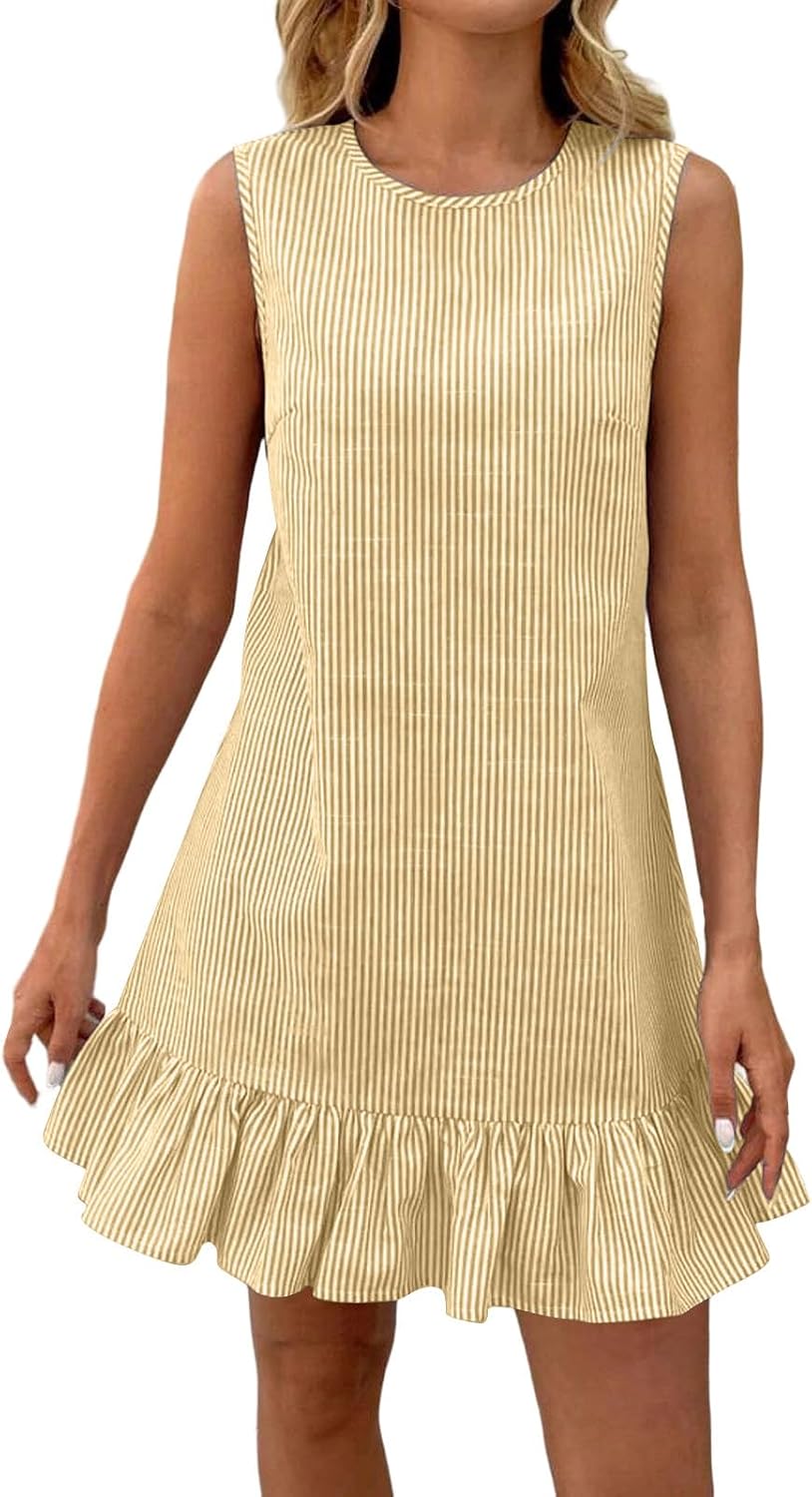 Summer Dresses for Women Cotton Linen Elegant Sleeveless Midi Dress Crew Neck Striped Beach Vacation Sundress