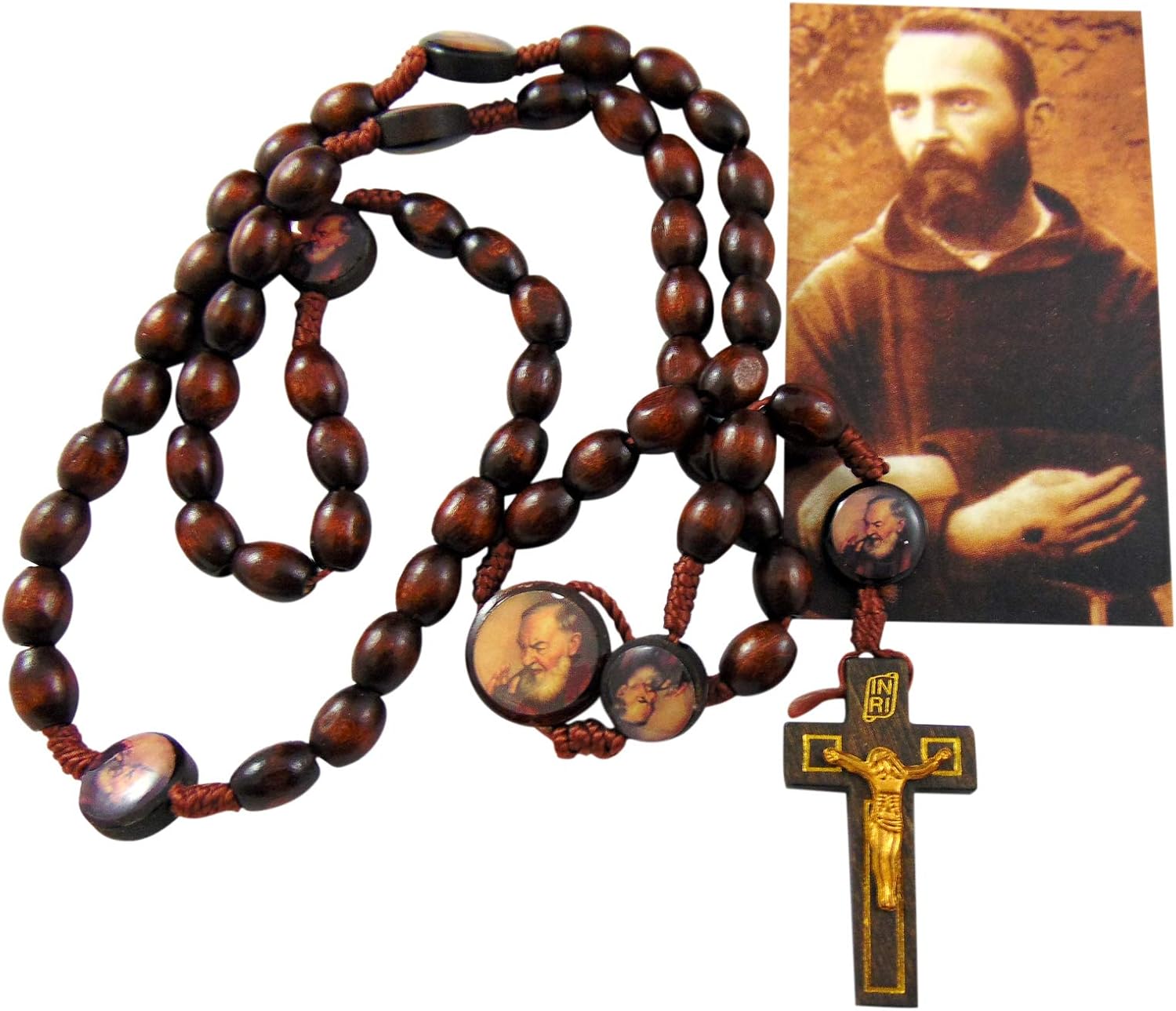 Westmon Works St Pio Devotional Wooden Bead Cord Rosary Gift Set with Saint Prayer Card and Bag