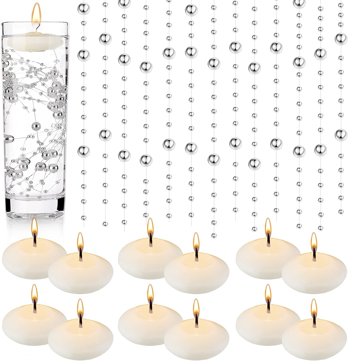 50 Pieces Artificial Pearls, 12 Unscented Candles for Centerpieces, 7.9 Inch Pearls Filler Vase Filling in Candles, for Dinning Table,Chrismas,Home Decor
