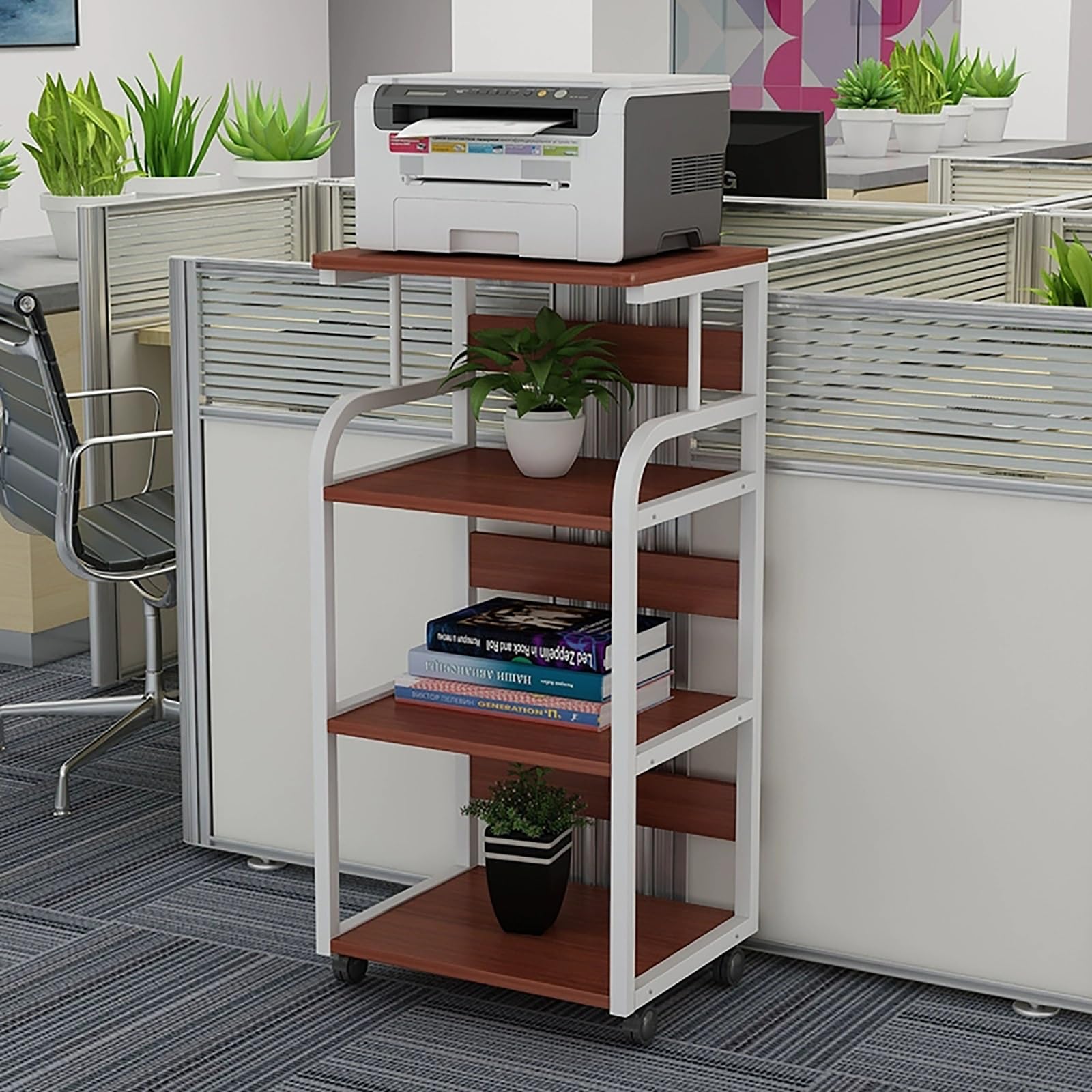 Grande Supporto per Stampante, Tavolo per Stampante a 4 Livelli con Ruote, Carrello Porta Stampante con Ruote, Tavolino Laterale Comodino Scaffale per Stampante, per Ufficio Domestico(Brown)