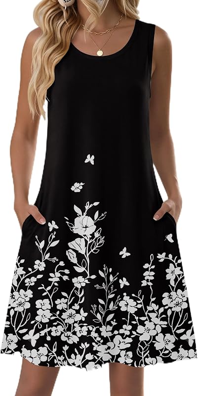 Zeagoo Vestido de verano para mujer 2026 Sin mangas Casual Una línea remera Vestidos de verano | Vestido con bolsillo, estampado floral, cuello redondo, mini vestido Aline Flowy Swing, vestido de remera sin mangas suelto, para vocación de playa