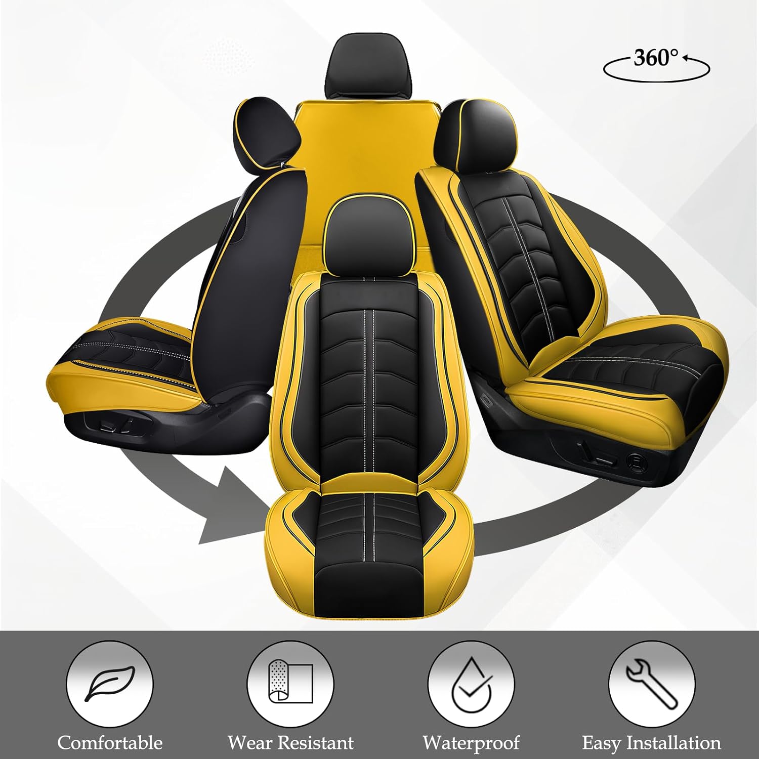 Seat Cover for Ford Mustang 1999-2024, Durable Waterproof Sports Seat Cover，Premium Leather Seat Protector(2 Seats Standard, Black Yellow)