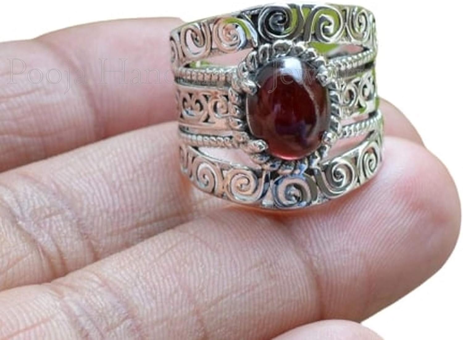 Natural Garnet Ring – 925 Sterling Silver Oval Gemstone Ring for Women, Handmade Boho Jewelry, Statement Ring, Promise Gift