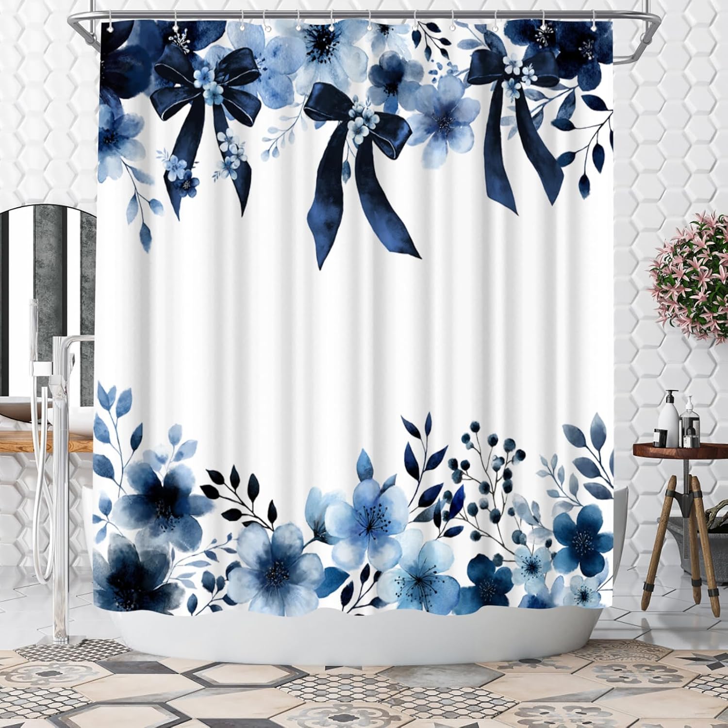 WELMECO Floral Shower Curtain Watercolor Bow Painting Printed Bathroom Decor Polyester Fabric Curtain, 72x72inch with Hooks (Blue)