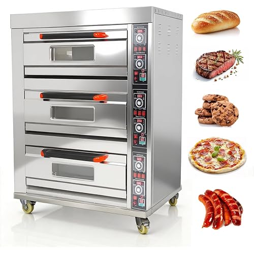 TECHTONGDA Commercial Convection Oven Stainless Steel Electric Triple Deck Pizza Oven with Universal Wheels Three-phase 208V 19800Watt for Restaurant Kitchen Bakery