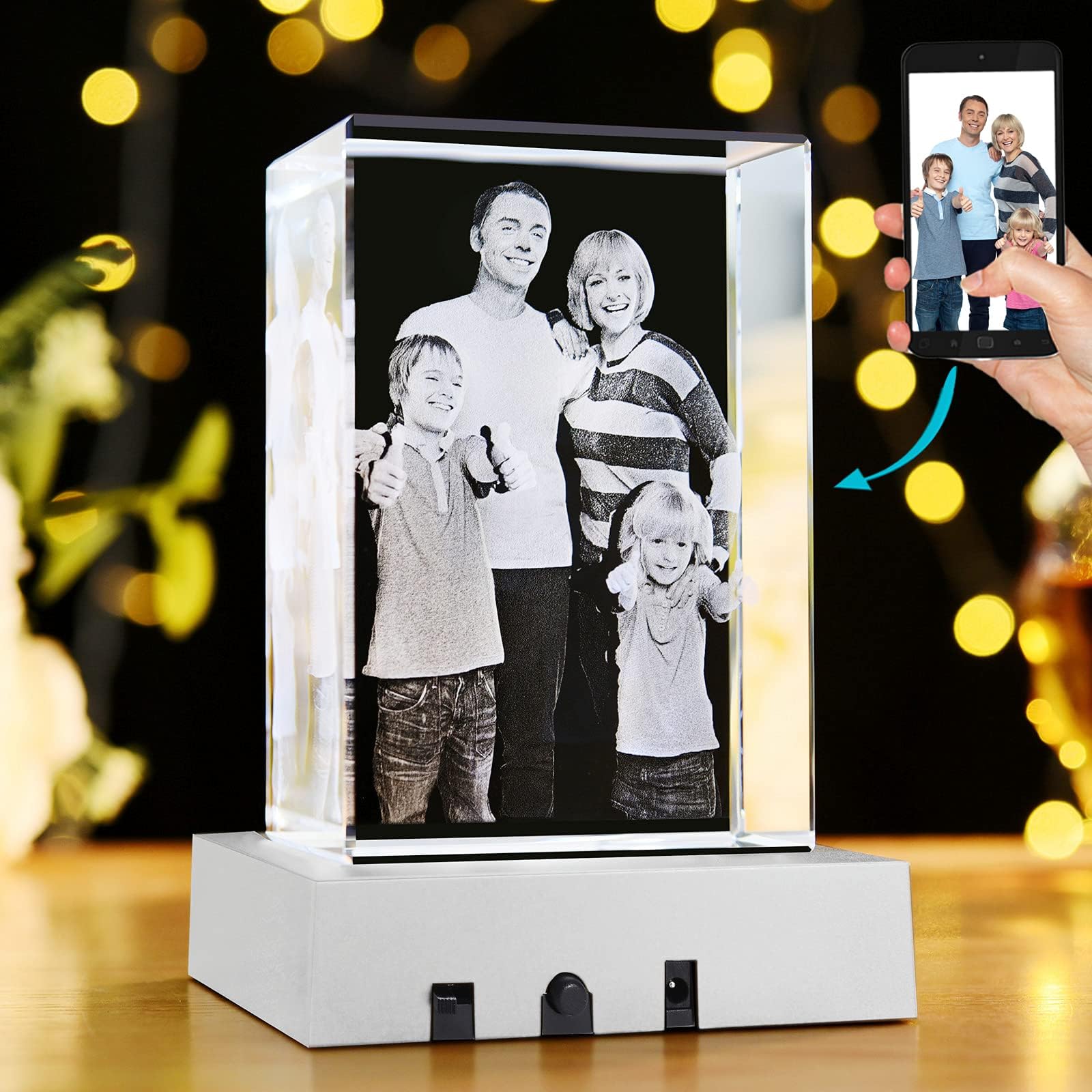 Personalized 3D Crystal Photo, Customized 3D Photo Crystal, 3D Laser Etched Engraved Crystal Glass Picture Photo Cube Gifts for Christmas Day Mothers Fathers Day
