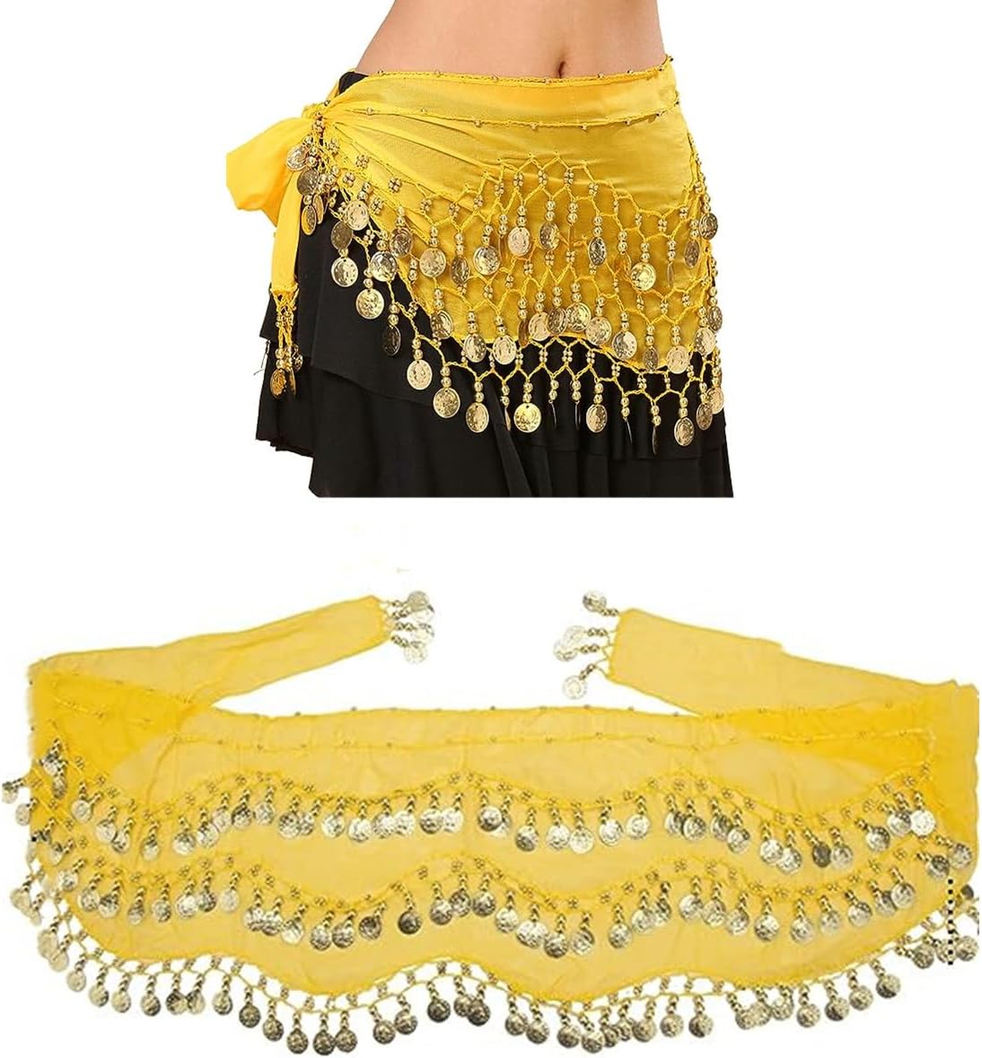 Belly Dance Hip Scarf, Belly Dance Skirt Hip Skirt, Hip Scarf Belt Scarves with Dangling Gold Coins for Performance Costume(Yellow)