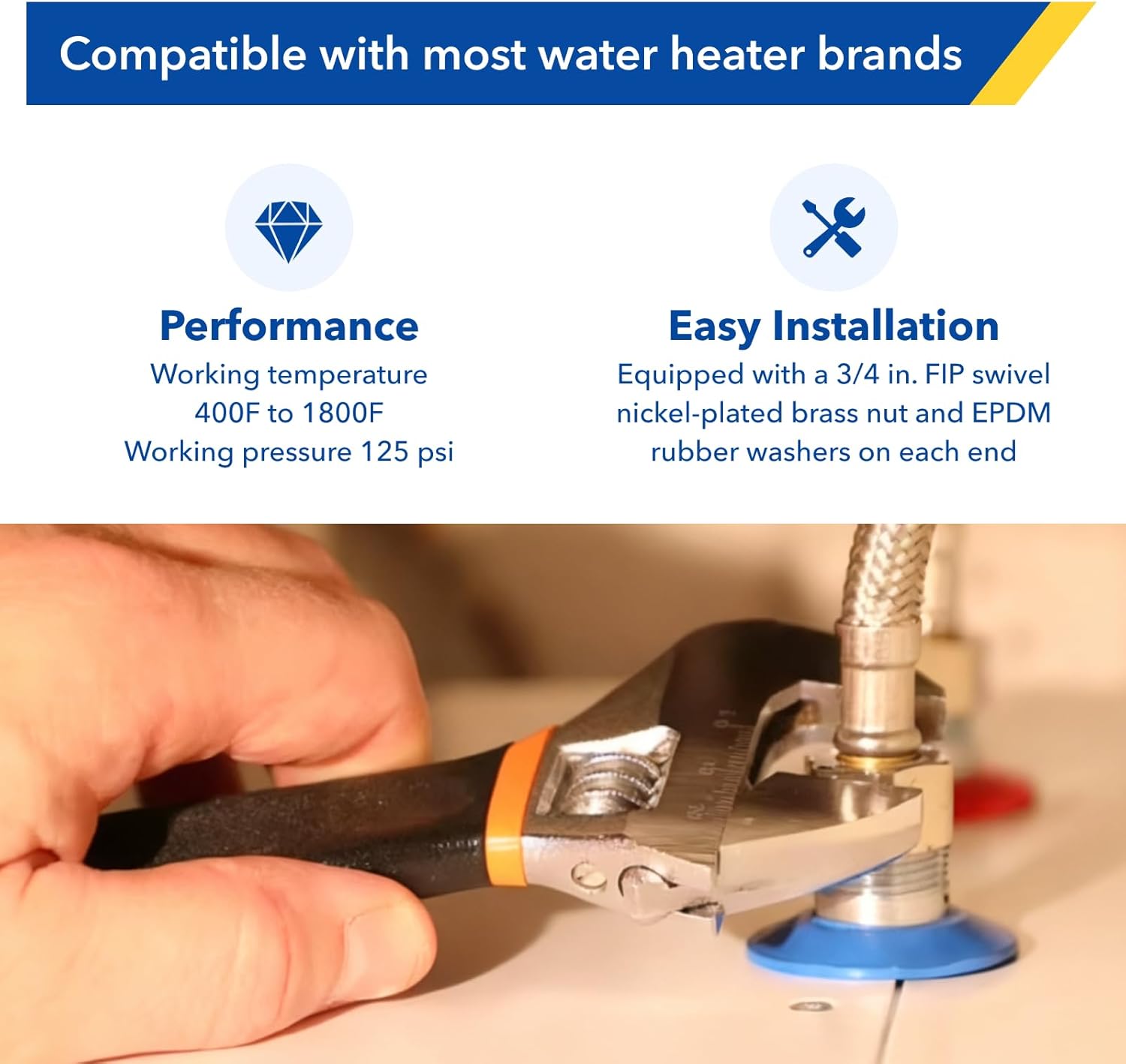 24インチ編組フレキシブルステンレススチール給湯器コネクタホース 3/4インチFIP x 3/4インチFIPメススチールフレックス給