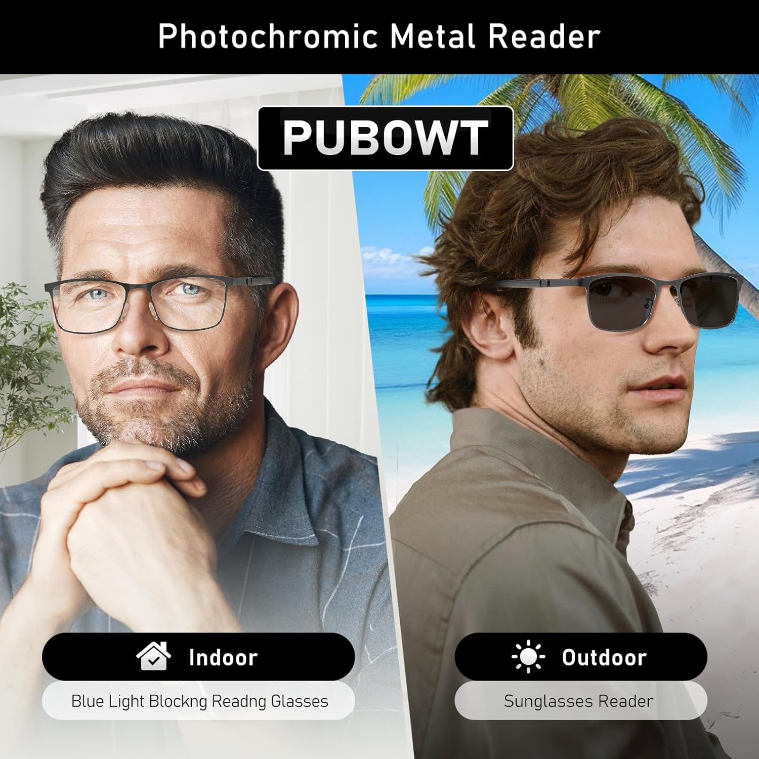 Reading Glasses Men Photochromic Blue Light Blocking Readers Wide Frame Style Metal Frame Tinted Eyeglasses PT2407 - Image 5