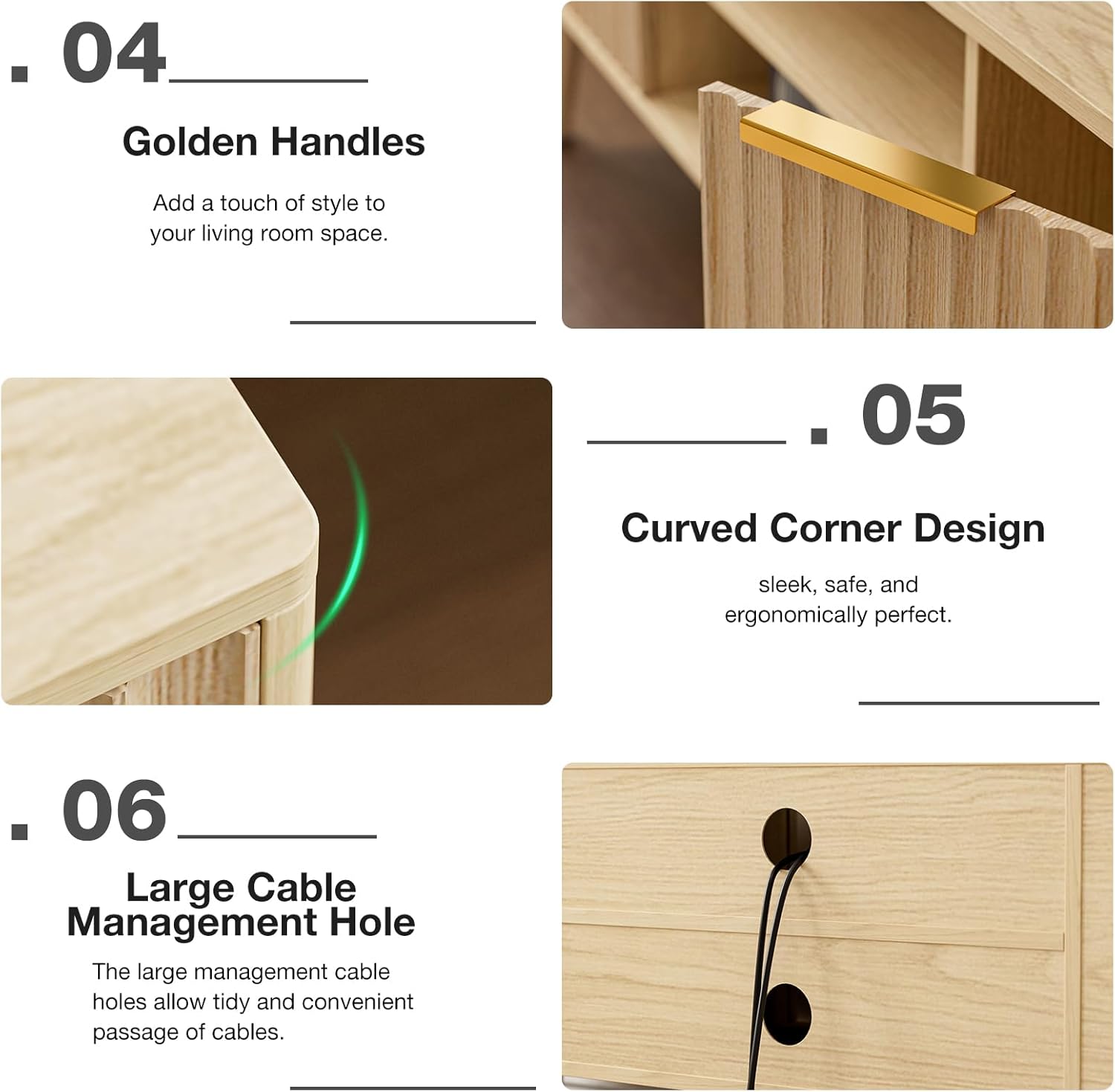 TV Stand for Living Room, Boho Entertainment Center for 55/60 inch TVs, Media Console with Fluted Door Cabinets and Open Shelves, for Bedroom, Oak - Image 5