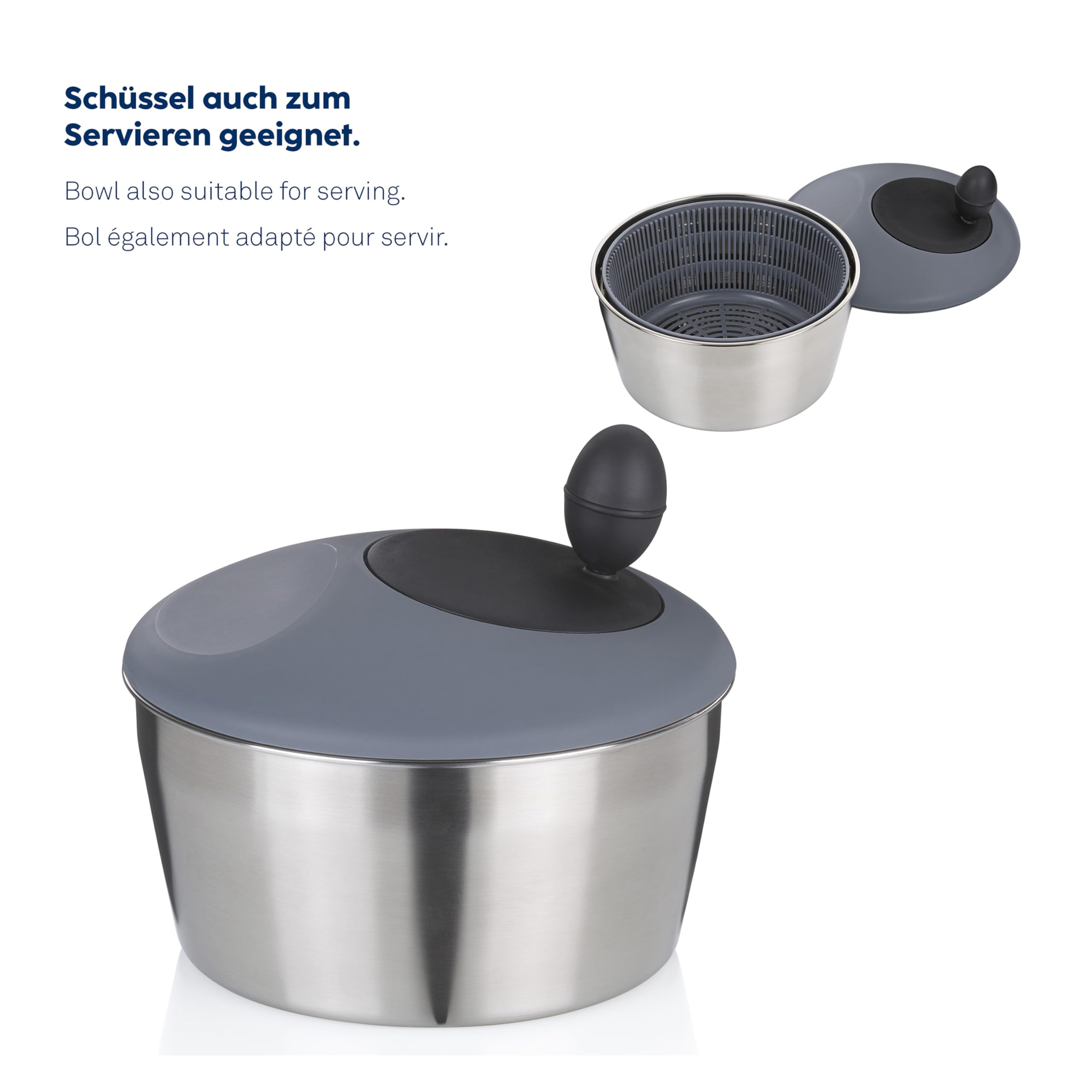 kela Salatschleuder Edelstahl mit Deckel 24,5cm, Salad Spinner, Kunststoffsieb für Salatschleudern oder Seiher für Gemüse, Obst, Penne, Romy, matt