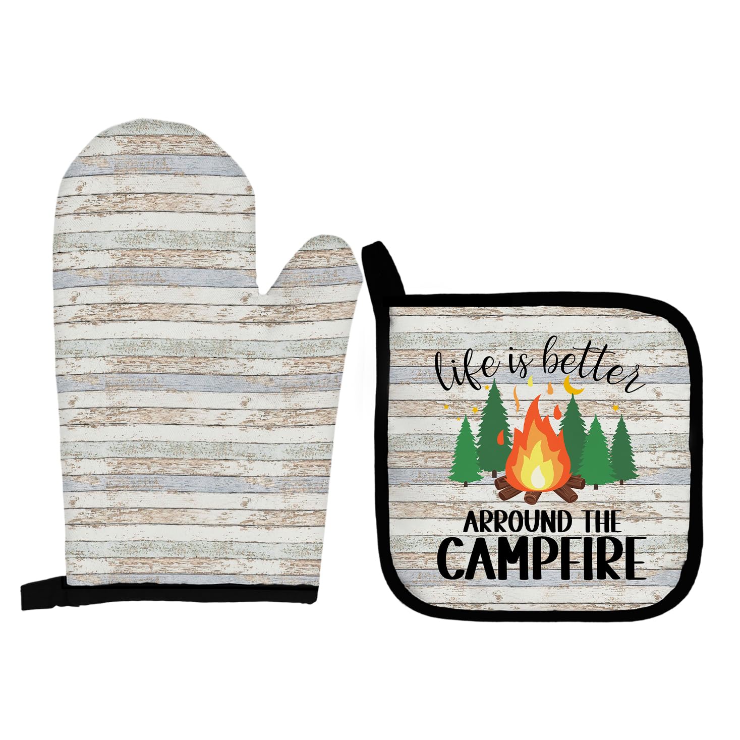 Juego de manoplas para horno y soportes para ollas de campamento, poliéster, 100%, negro, blanco, 10.5 x 5.5 pulgadas, 8 x 8 pulgadas, mano, soporte para ollas, juego de guantes de horno