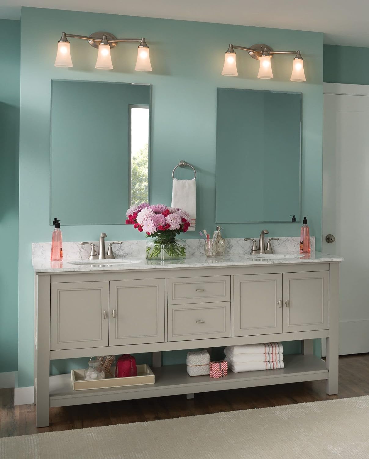 Moen YB2863BN Eva 3-Light Dual-Mount Bath Bathroom Vanity Fixture with Frosted Glass, Brushed Nickel, 9.60 x 10.00 x 20.60 inches