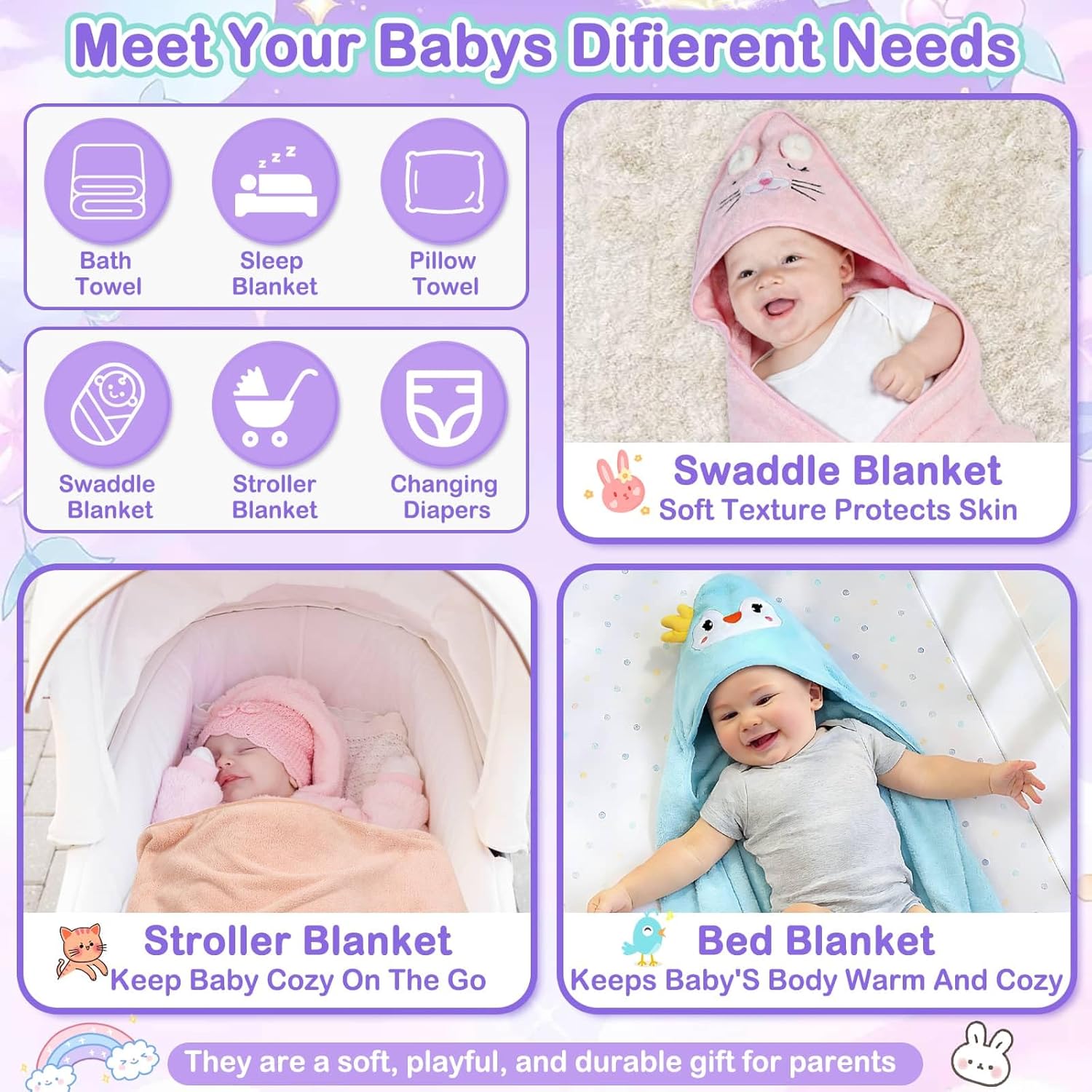 Flasoo 16 Pcs Baby Towels Set, Baby Towels and Washcloths Set,4 Pcs Animal Hooded Baby Towels, 4 Pcs Baby Bibs & 8 Pcs Washcloths Set for Infants, Toddlers and Kids-Unicorns, Rabbits, Kittens & Chicks