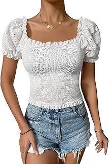 SheIn Women's Square Neck Eyelet Embroidery Blouses Puff Sleeve Frill Trim Crop Tops