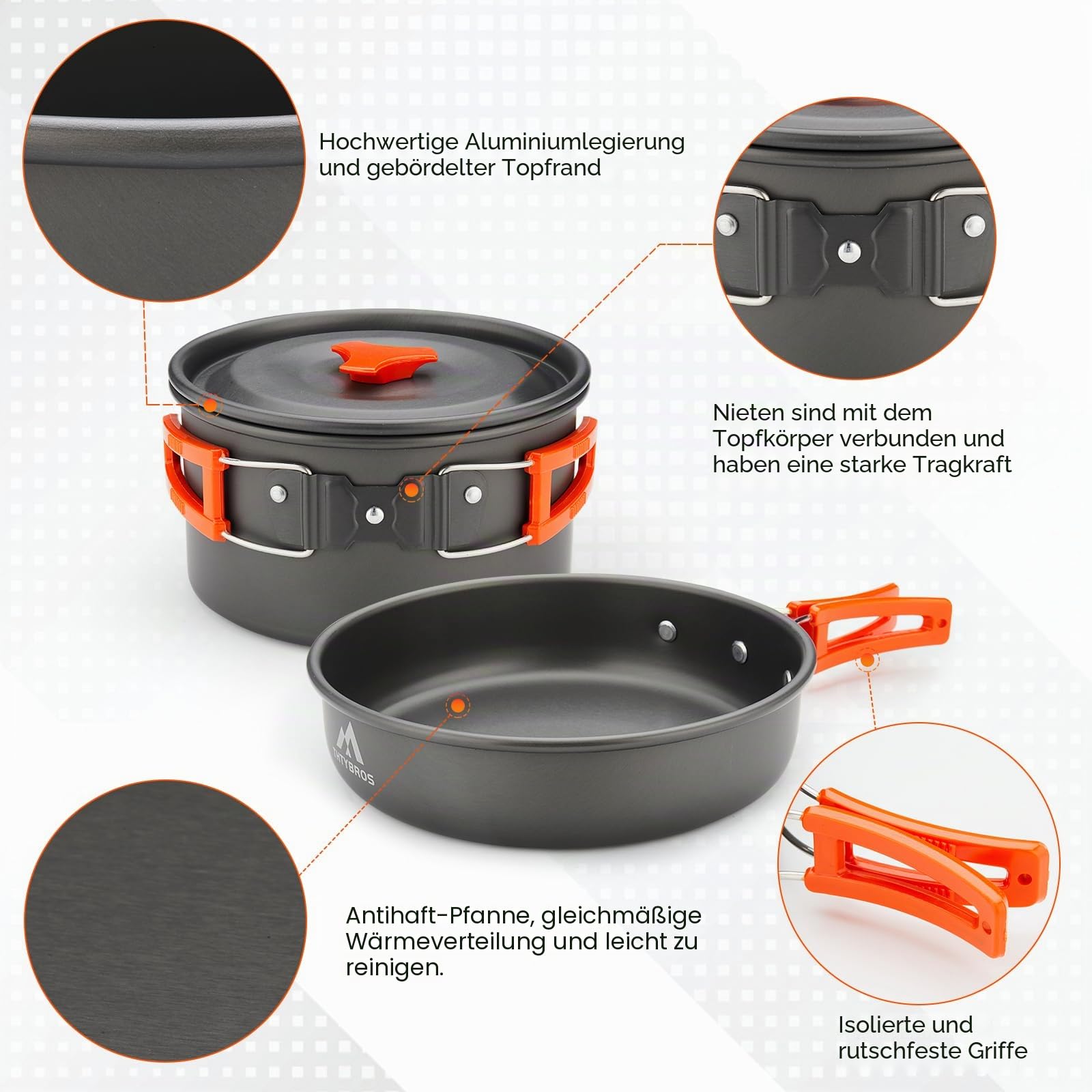 THTYBROS 17-teiliges Camping-Kochgeschirr-Set, hart eloxiertes Aluminium-Topf-Pfanne-Kessel mit 2 Edelstahl-Tassen, Teller, Besteck für Outdoor-Wandern, Rucksackreisen, Picknick