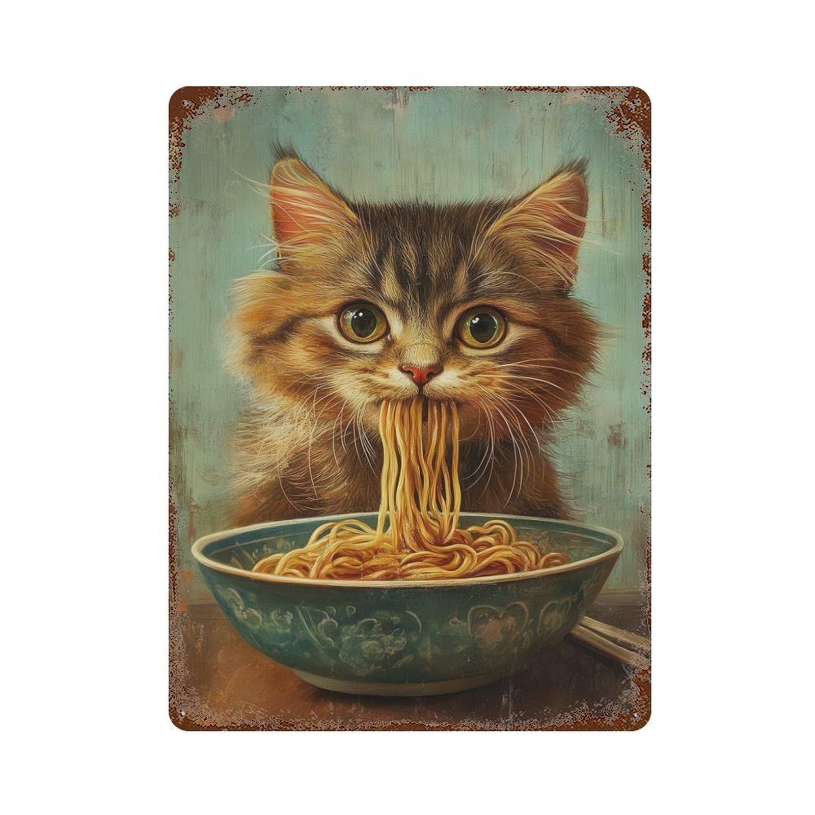 Cat Eating Noodles from A Bowl Vintage Rust Metal Sign 15.7"x11.8", Ideal for Basement, Hobby Room And Garage Decor
