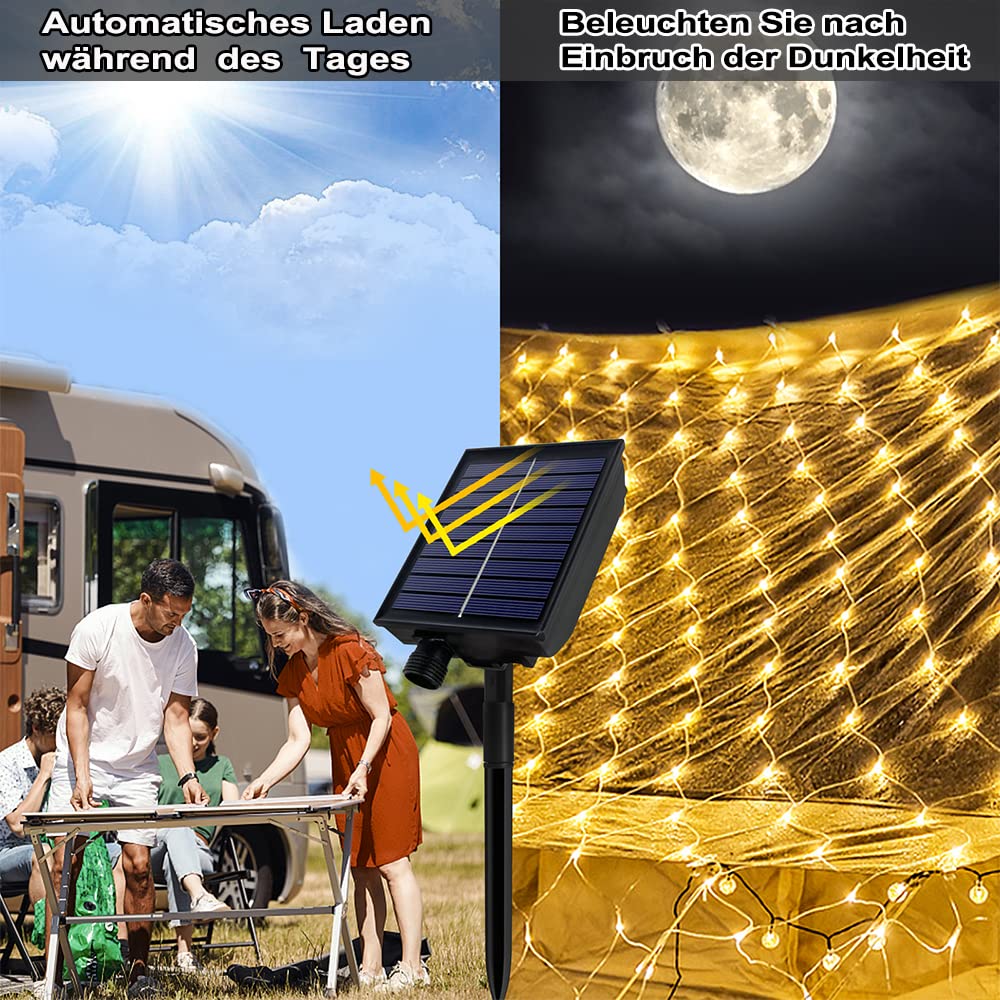 Rete di luci a energia solare, 250 LED, luce bianca calda, 3 x 2 m, 8 modalità con telecomando, tenda luminosa, per esterni e interni, decorazione per Halloween, Natale, matrimonio