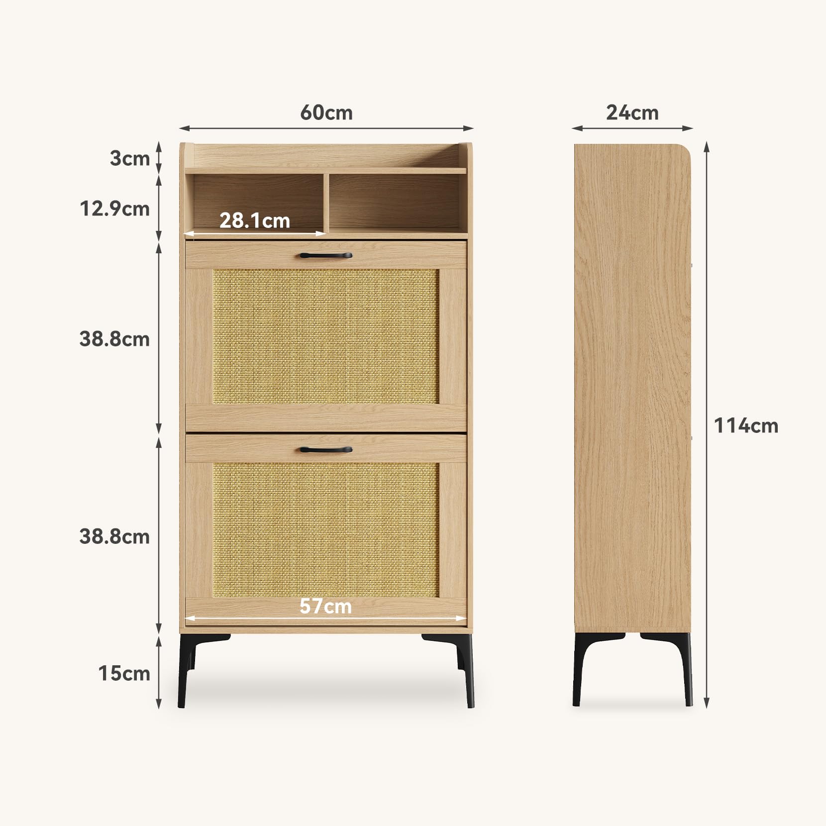 Dripex Schuhschrank schmal, Schuhkipper mit Rattan-Dekor, 2 Flip-Schubladen,Schuhregal schmal mit Metallfüßen, verstellbaren Fächern für den Eingang, Flur und Wohnzimmer, 60x24x114cm