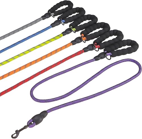 BEAUTYZOO Paquete de 6 correas de cuerda resistente para perros, correa de nailon para mascotas de 5 pies con hilo reflectante, mango acolchado