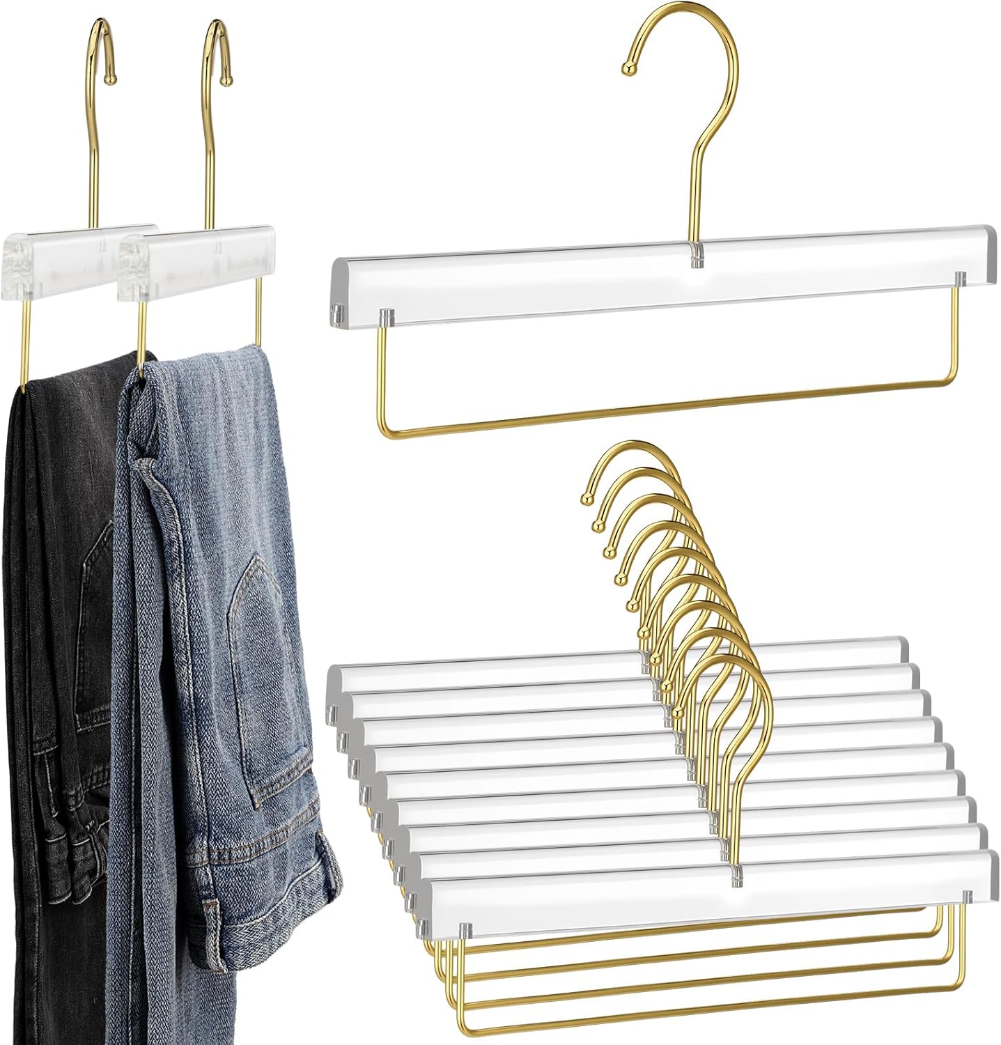 Chunful 10 Pcs Clear Pants Hanger Acrylic Clothes Hangers with Gold Hooks and Bar Heavy Duty Clothes Skirt Jeans Hook Storage and Organizer for Home Cabinet Shop Dress, 12.7 x 6 Inch