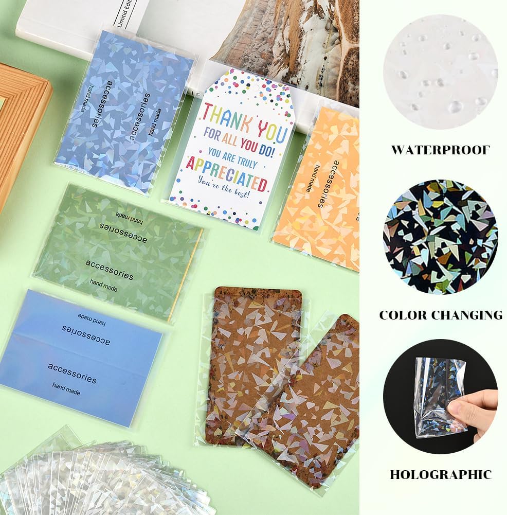 200Pcs 3.5 x 2.4 Inch Photocard Sleeves Transparent Postcard Sleeves Small Plastic Holographic Colorful Flashing Rectangle Trading Protector Bags for Gifts Cards Jewelry Protective Packaging image 3