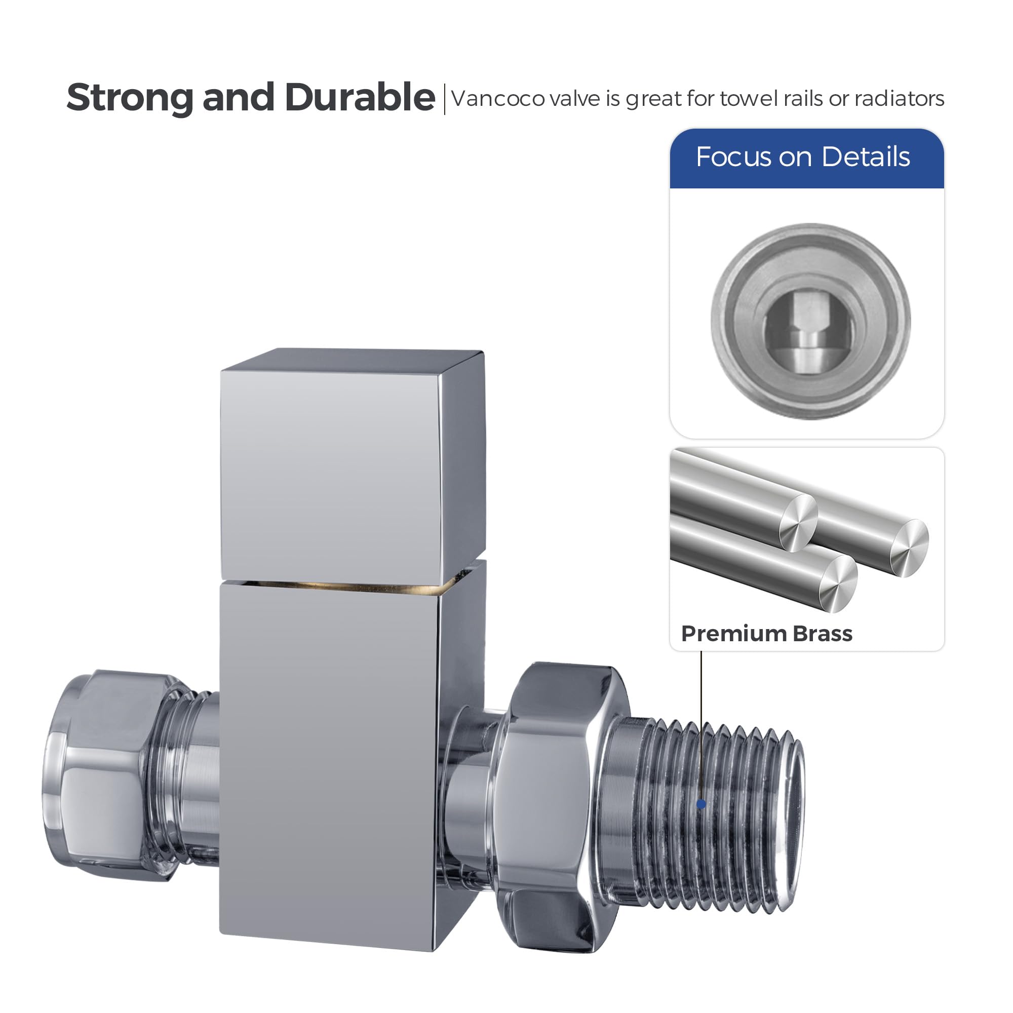 VANCOCO 2Pcs 1/2"×15mm Chrome Straight Radiator Valves Square - Image 4