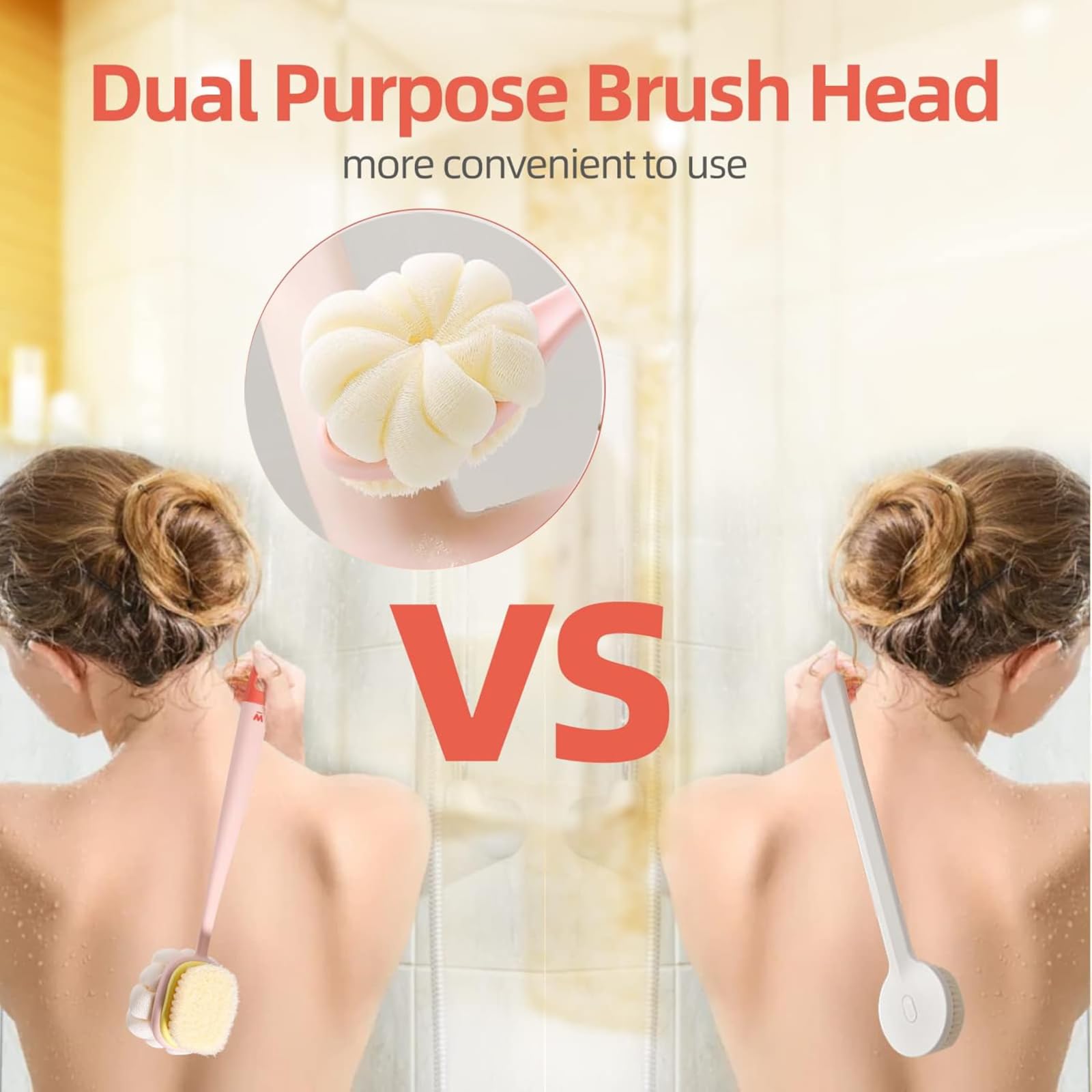 Shower Body Brush with Bristles and Loofah, Body Brushes Back Scrubbers Bath Dry Brush Mesh Sponge with Curved Long Handle for Men and Women Light Pink - Image 4