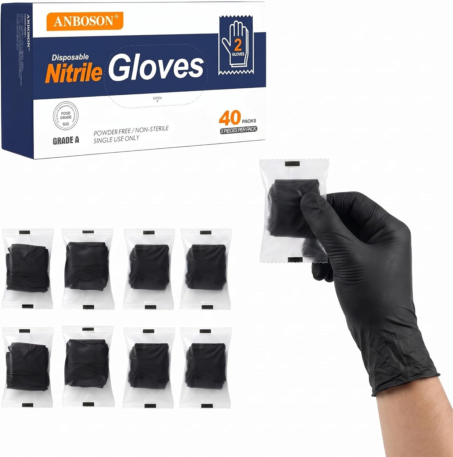 Nitrile Disposable Gloves 5mil, Latex Free, Powder Free, Sanitary, 40 Pairs Individually Wrapped (80 Gloves), Protective Gloves for Food Prep, Clean, Industrial, Salon, Household, Travel, Medium