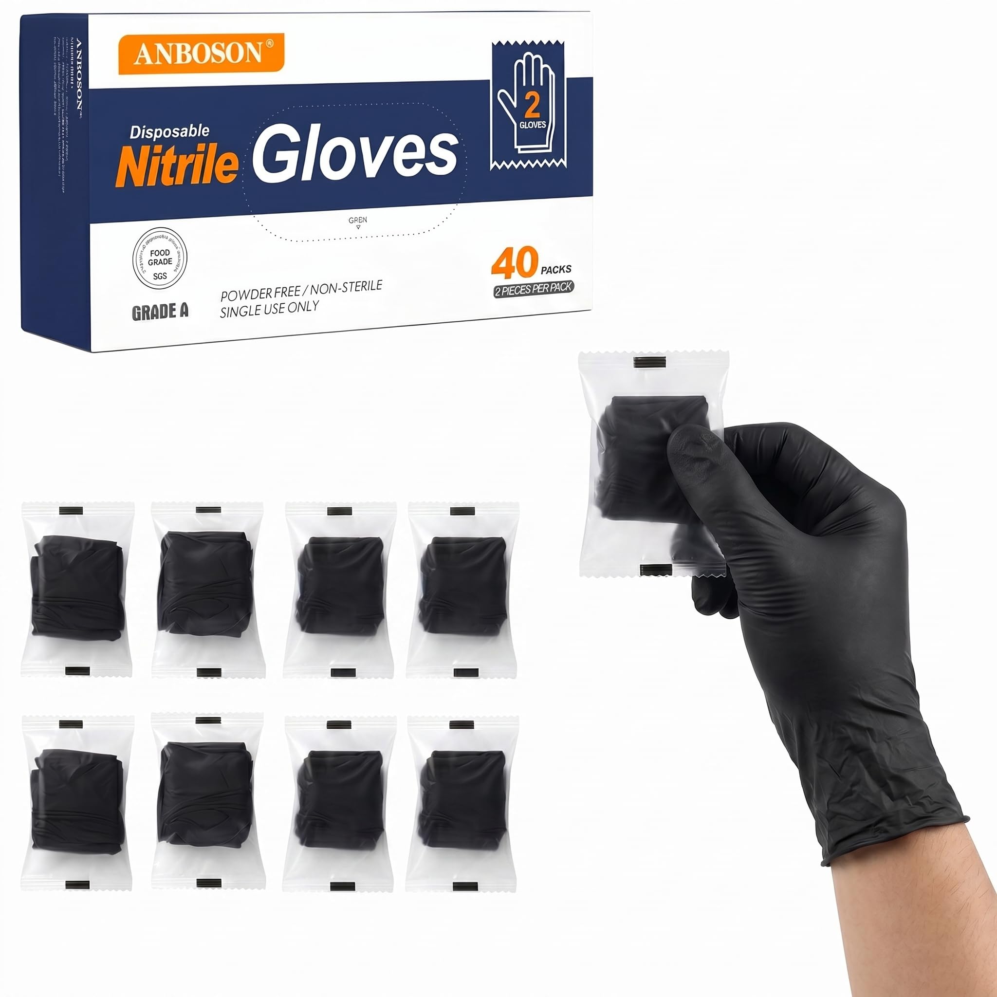 ANBOSON Guantes de nitrilo negros de 5 mil, envueltos individualmente, 100% nitrilo, sin látex, sin polvo, puntas de los dedos texturizadas, talla L