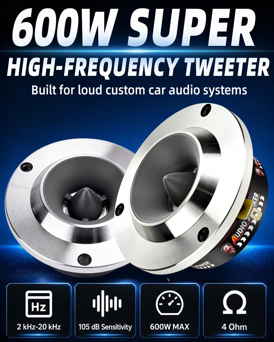 3.75 Inch 3.5 Class Super Tweeters for Car Audio, 600W MAX 4 Ohm Titanium Bullet Tweeter Speakers Pair, 105dB 1 Inch Voice Coil, Aluminum Shell Car Tweeters for Door Panels Speaker Boxes
