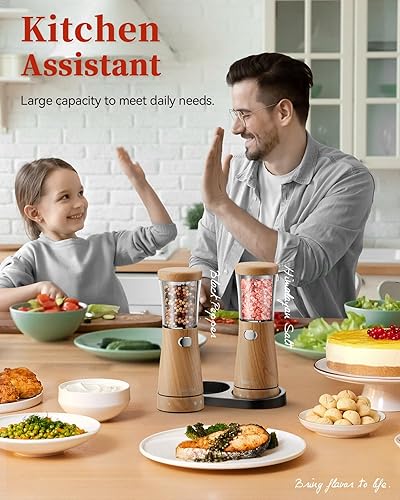 Miniatura 8 de Juego de molinillo eléctrico de sal y pimienta, gran capacidad de 4.5 onzas, diseño de acero inoxidable y madera con grosor ajustable y luz LED,