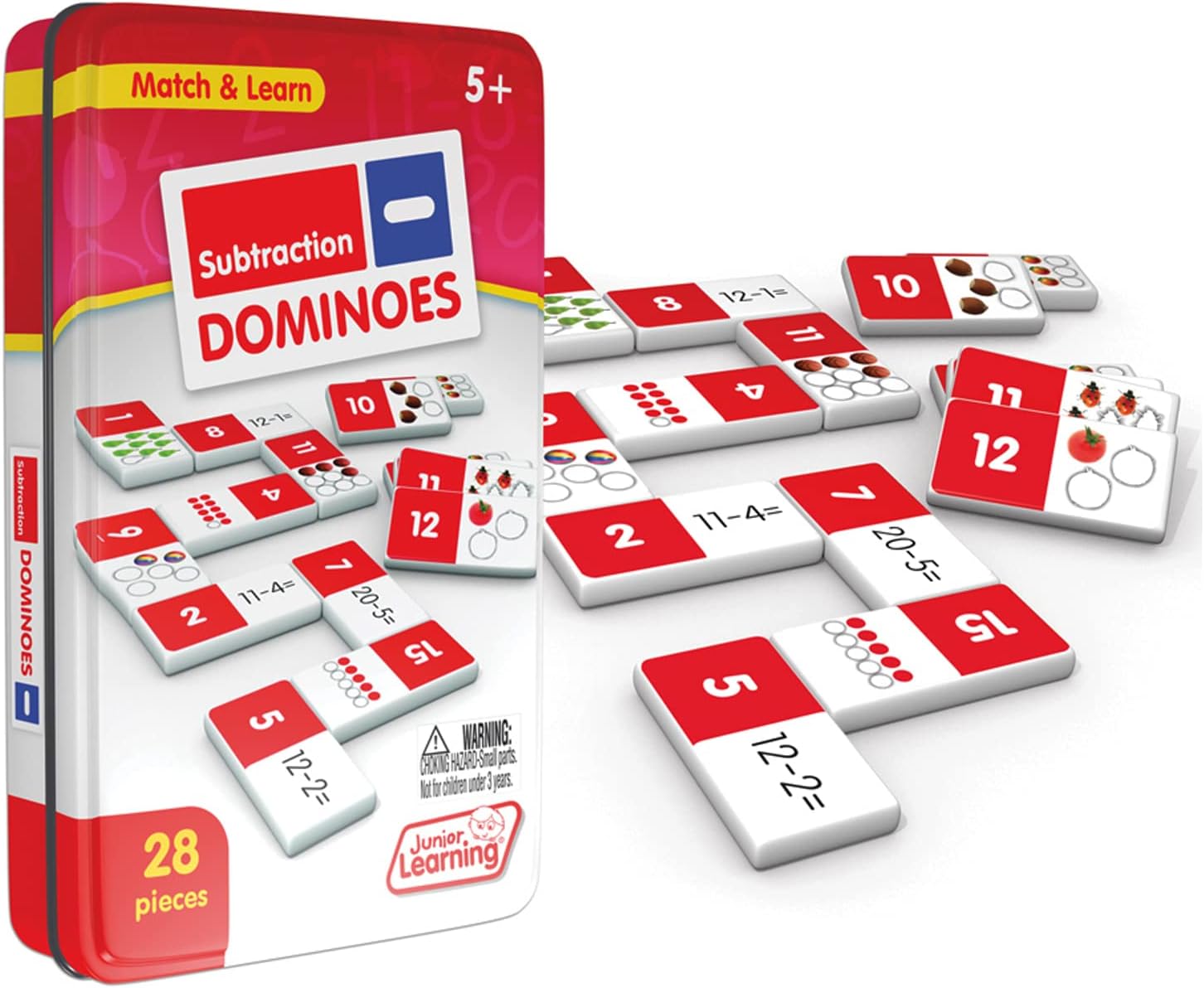 Junior Learning Subtraction Dominoes | Numeracy Match and Learn Game | 28 Pieces in a Durable Collectors Tin | 1-4 Players, Ages 5-6, Year 2