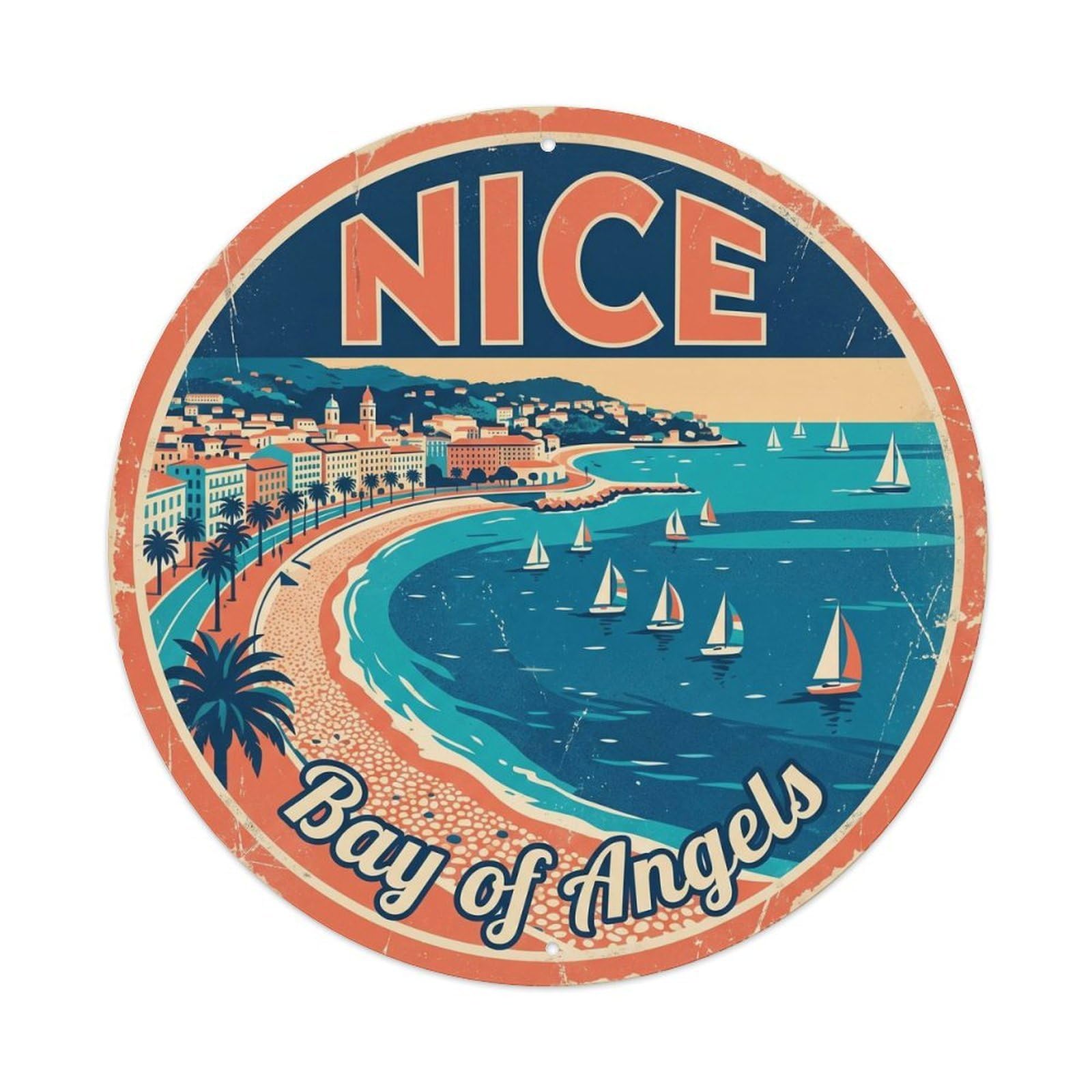 Cmhok Vintage Style Vintage Travel Nice France Bay Metal Tin Sign Plaque Wall Decor For Cafe, Club, Garden Round Metal Poster 8X8inch
