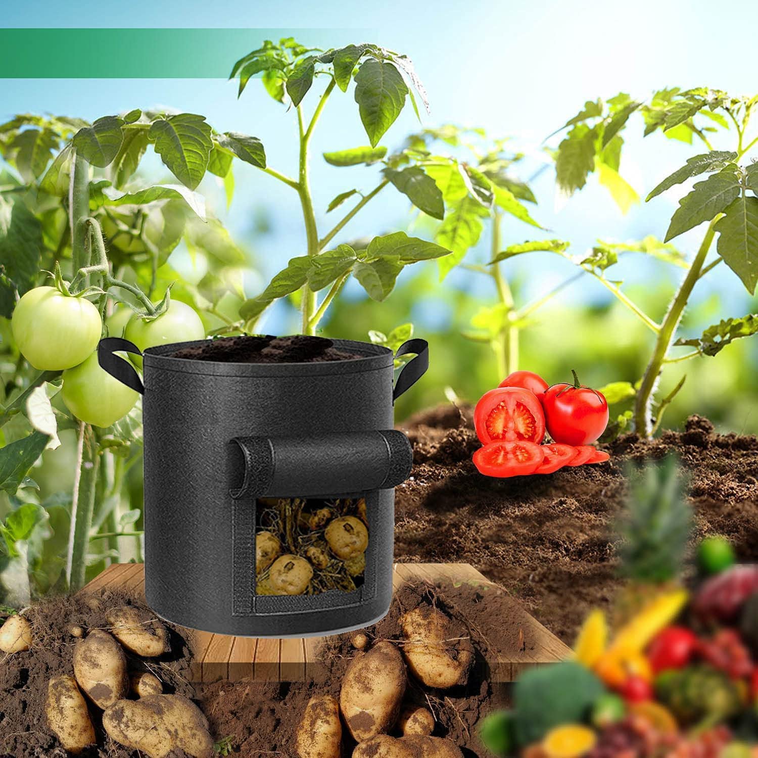 SunStream Bolsas de cultivo de patatas con ventanas (7 galones, 6 unidades) 27 L, tela transpirable, bolsa de cultivo de vegetales, plantación de tomates, patatas, verduras, fresa con solapa de