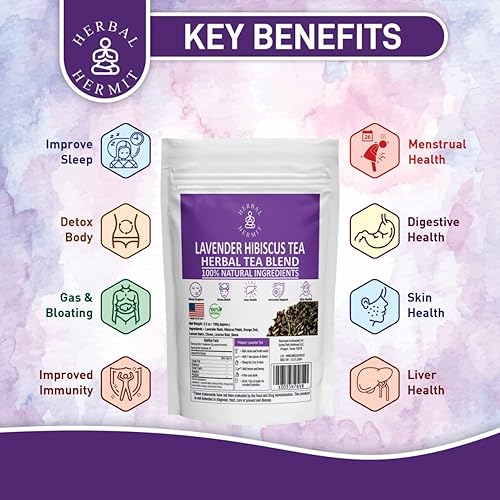 Miniatura 3 de Té de lavanda con hojas sueltas de lavanda secas e hibisco  Mezcla de té para dormir para aliviar el estrés, 3.5 onzas (3.53 oz), fabricado en