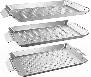 Onlyfire 3 Pack Rectangle Grill Baskets, Stainless Steel Vegetable Baskets, Mini Grilling Basket Set, Grill Pan for Outdoo...