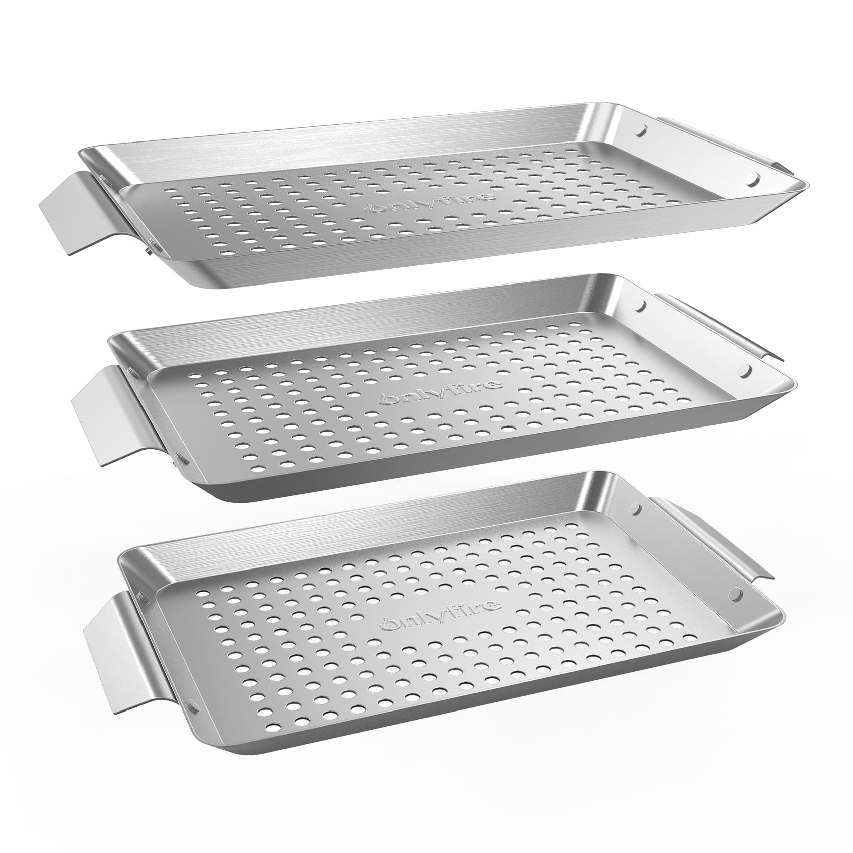 Onlyfire 3 Packs Rectangle Grill Baskets, Stainless Steel Vegetable Baskets, Mini Grilling Basket Set, Grill Pan for Outdoor Grill
